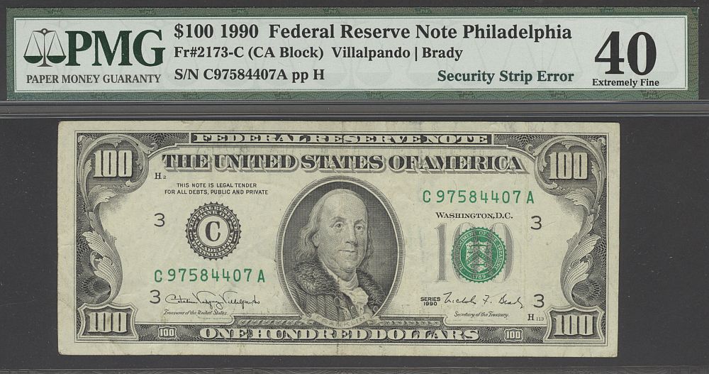 Security Strip Error, 1990 $100 Philadelphia FRN, XF, PMG-40